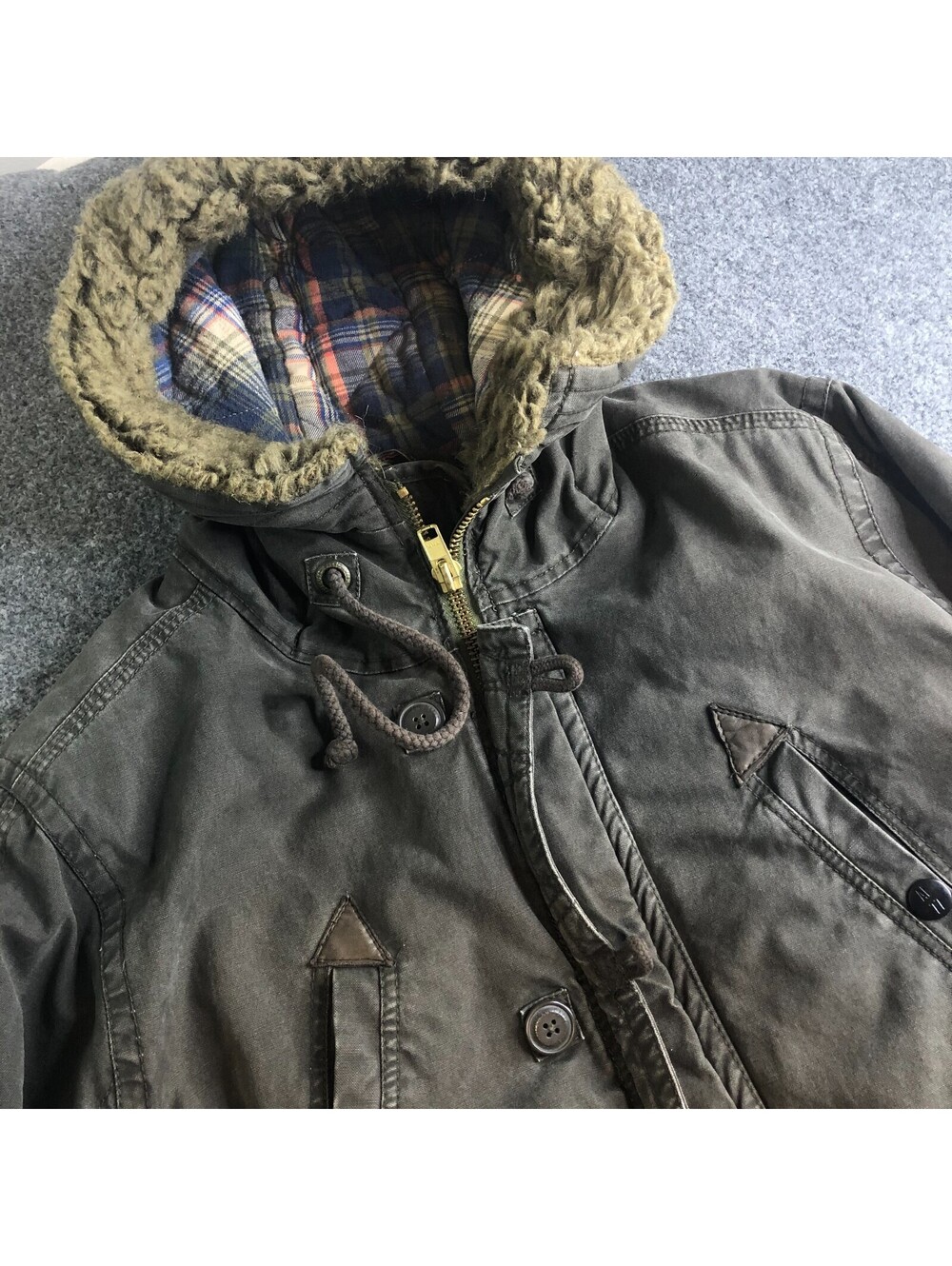 American Eagle Men XLT Faux Fur Lined Field Jacket Olive Green Hooded Parka Coat